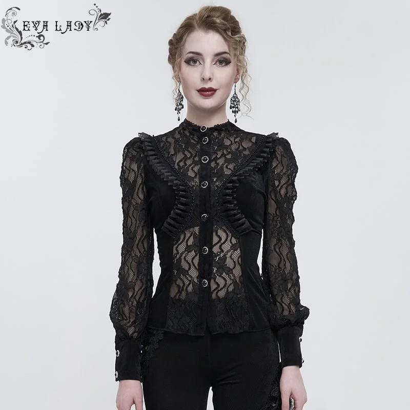 Comfy Chic Wear Women's Gothic Puff Sleeved Ruffled Lace Shirt