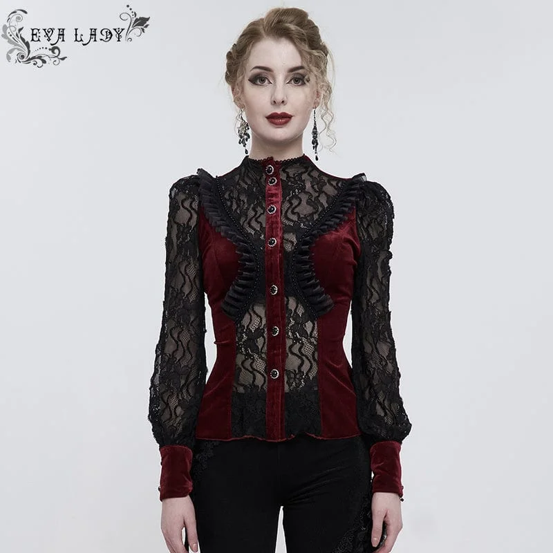 Effortless Looks Women's Gothic Double Color Puff Sleeved Ruffled Lace Shirt