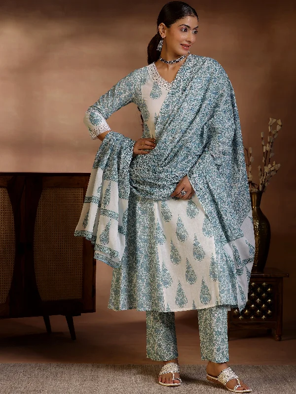 Elegant Fit Off White Printed Cotton A-Line Kurta With Trousers & Dupatta