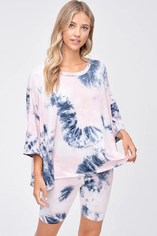 Basic Comfort Starlet Tie Dye Shorts Set, Blush & Navy