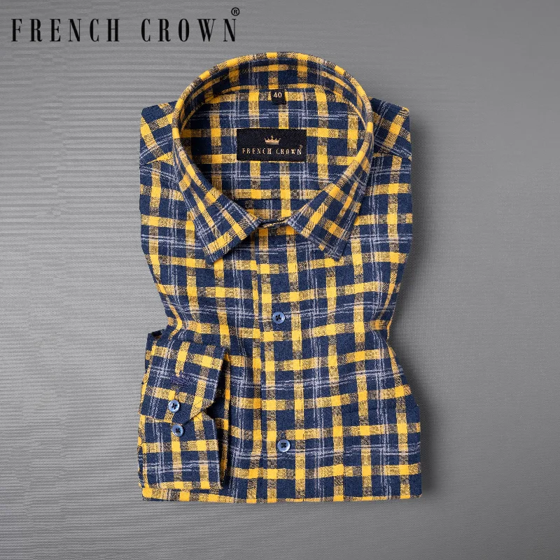 Versatile Casuals Martinique Blue with Supernova Yellow Twill Plaid Premium Cotton Shirt