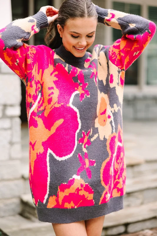 Soft Casuals Thinking Of You Charcoal Gray Floral Sweater Dress