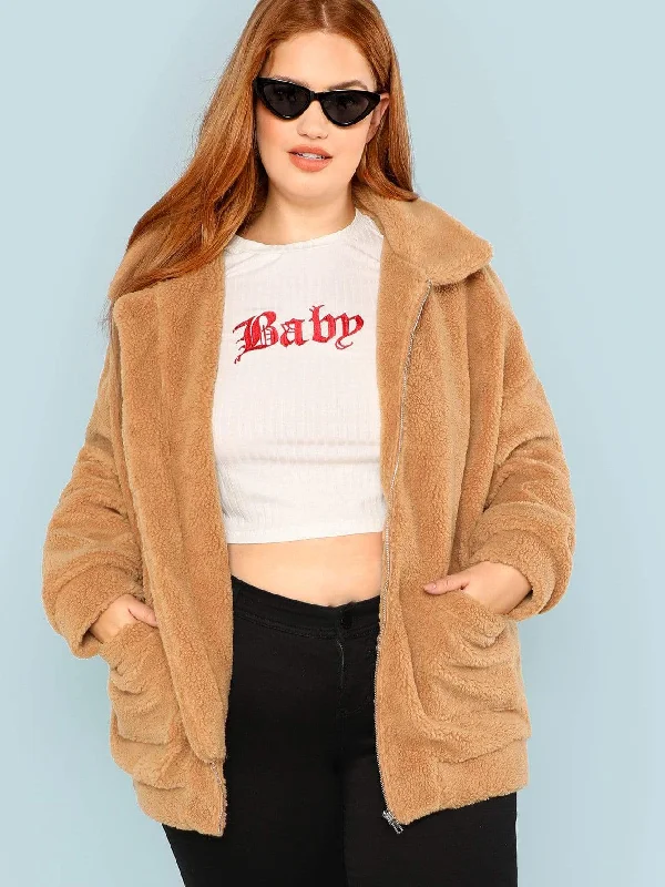 Trendy Comfort Plus Zip Up Pocket Patched Teddy Coat