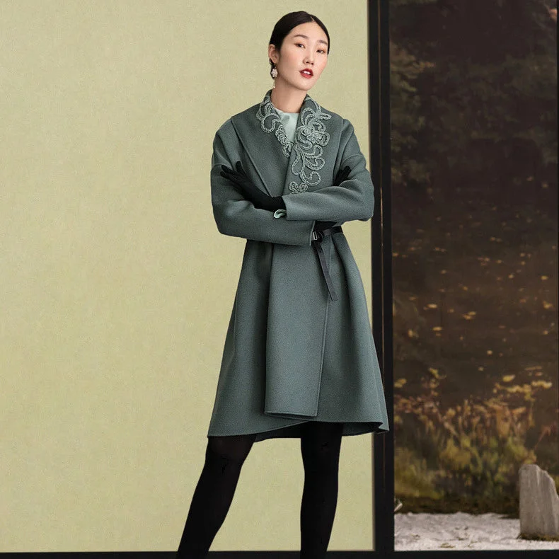 Elegant Wear Fashion army green Woolen Coats Women plus size embroidery Winter coat long sleeve woolen outwear