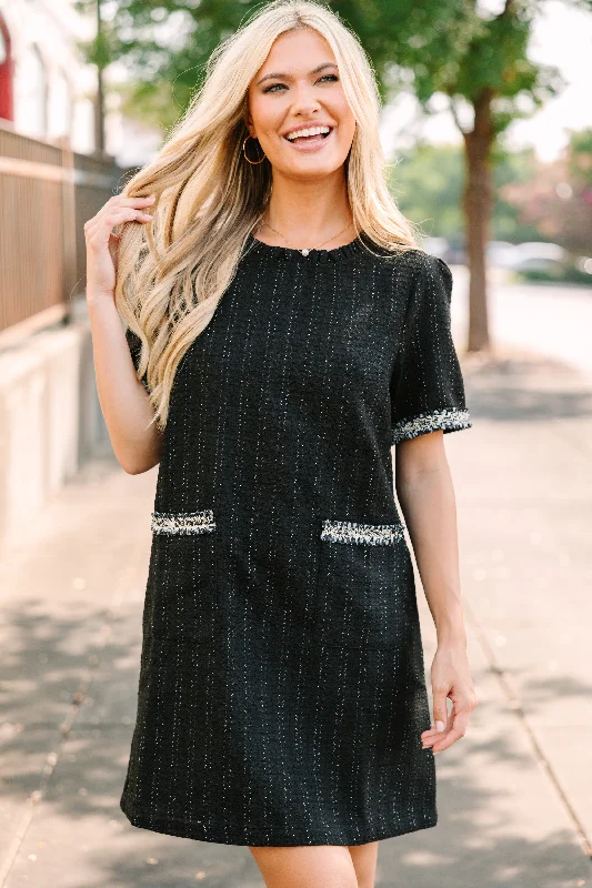 Cozy Apparel On Time Black Tweed Mini Shift Dress
