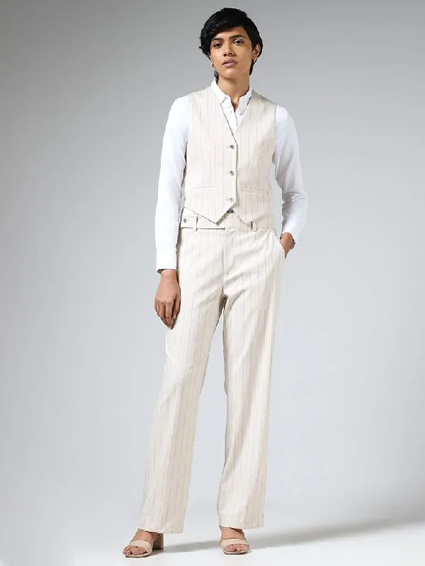 Cozy Chic Wear Wardrobe Beige Striped Waistcoat