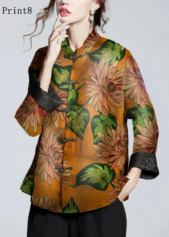 Summer Comfort Chinese Style Print8 Stand Collar Button Print Silk Coats Long Sleeve