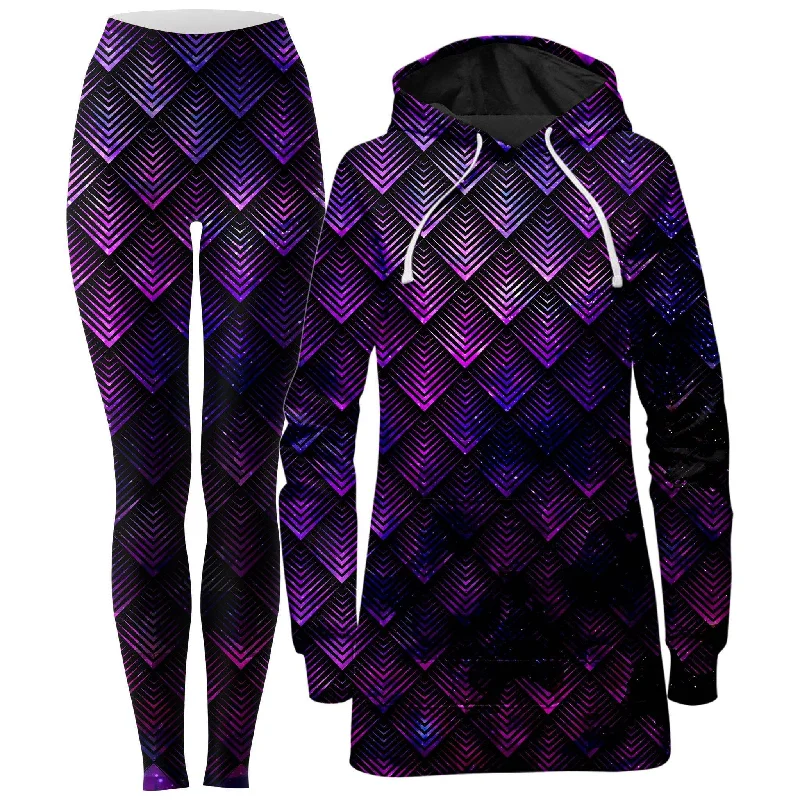 Comfortable Dresses Galactic Dragon Scale Purple Hoodie Dress and Leggings Combo