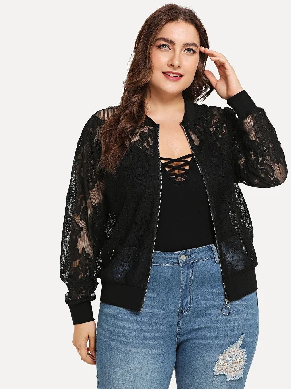 Cozy Outfit Plus Floral Lace Zip Up Jacket