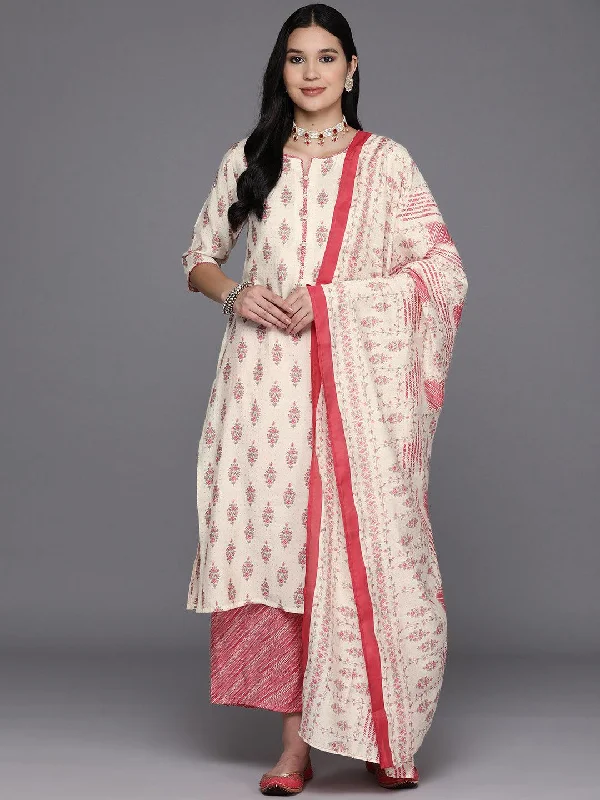 Everyday Outfits Cream Printed Silk Blend Straight Kurta With Palazzos & Dupatta