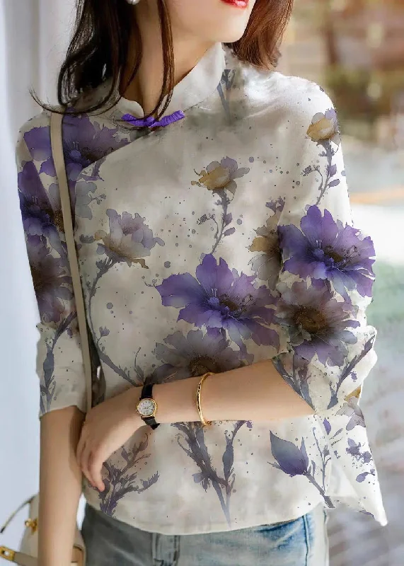 Comfy Chic Wear Unique purple flower Print Linen Blouses Spring