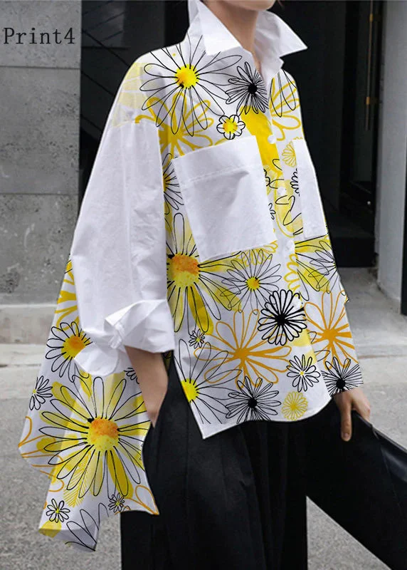 Casual Elegance Natural White-Print4 Peter Pan Collar Low High Design Button Pockets Cotton Shirts Long Sleeve