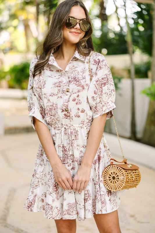 Effortless Elegance Take Your Word Ivory White Toile Print Dress