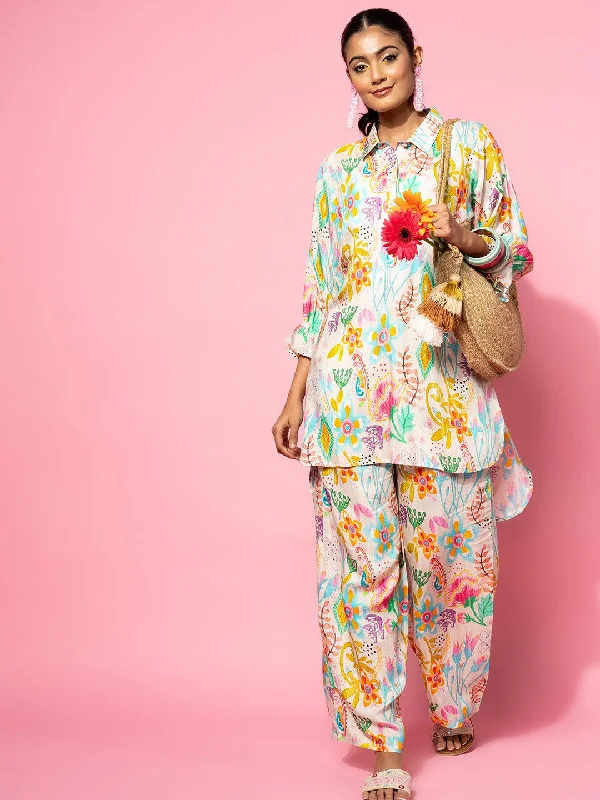 Soft Wear Cream Printed Silk Blend Co-Ords