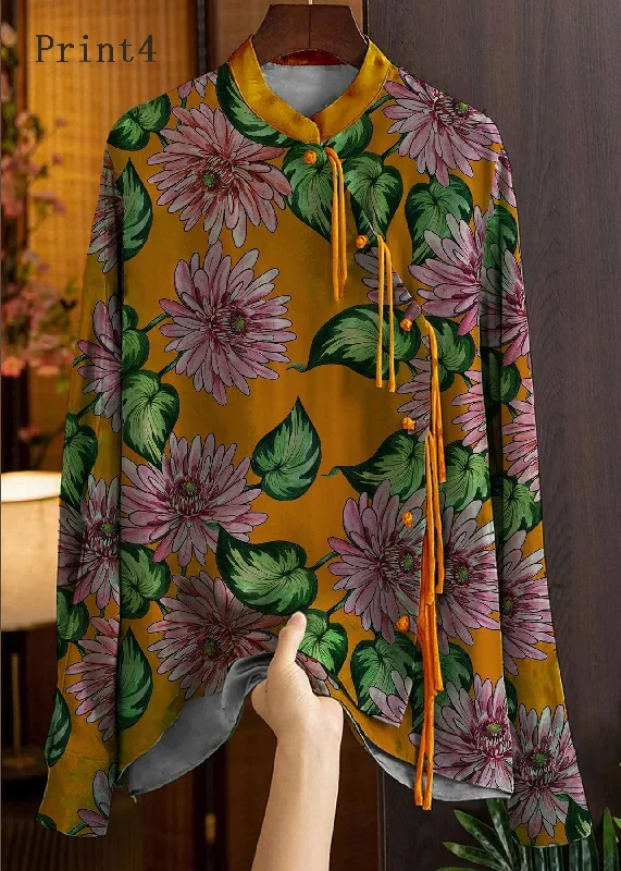 Casual Chic Outfits Beautiful Print4 Mandarin Collar Button Print Silk Shirt Top Spring
