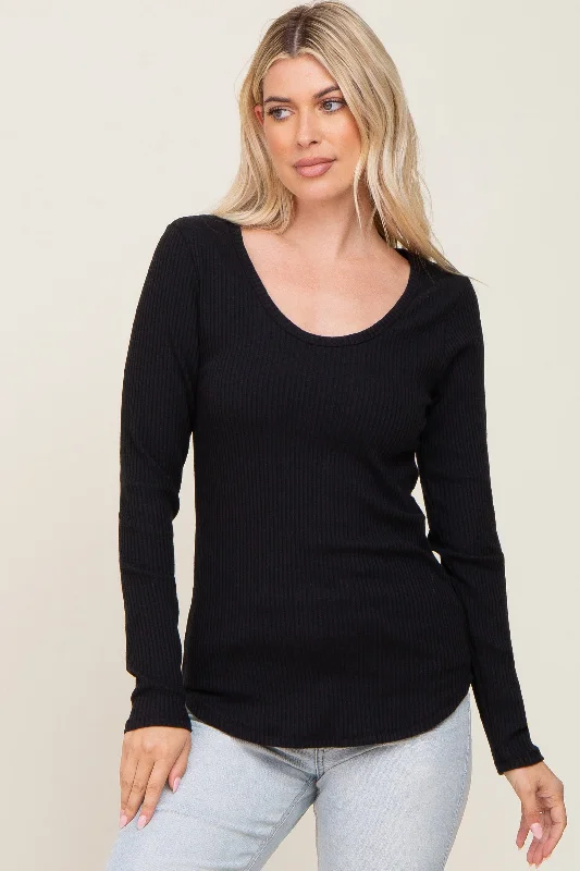 Easygoing Style Black Ribbed Scoop Neck Long Sleeve Top