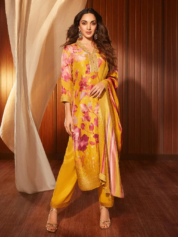 Breezy Style Mustard Printed Silk Blend Straight Suit With Dupatta