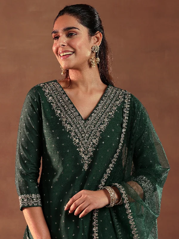 Cozy Apparel Green Woven Design Chanderi Silk A-Line Kurta With Trousers & Dupatta