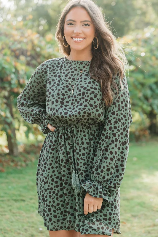 Relaxed Wear Make Your Point Olive Green Leopard Dress
