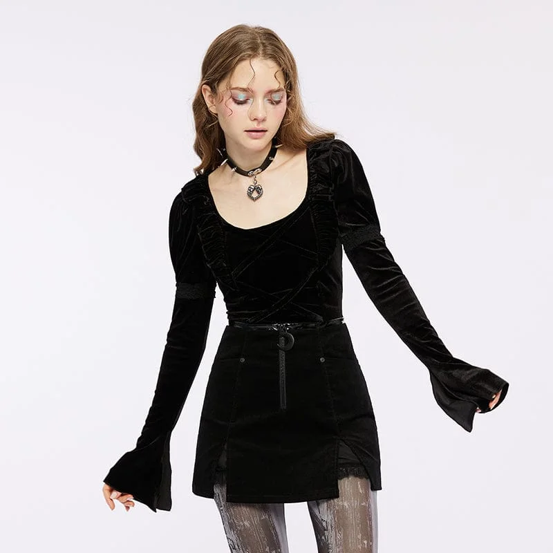 Simple Chic Women's Gothic Strappy Puff Sleeved Velvet Shirt