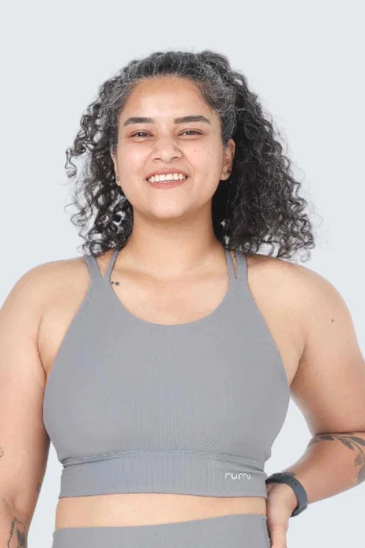 Breathable Style W Sun Rib Strappy Crop Top Sports Bra - Stone