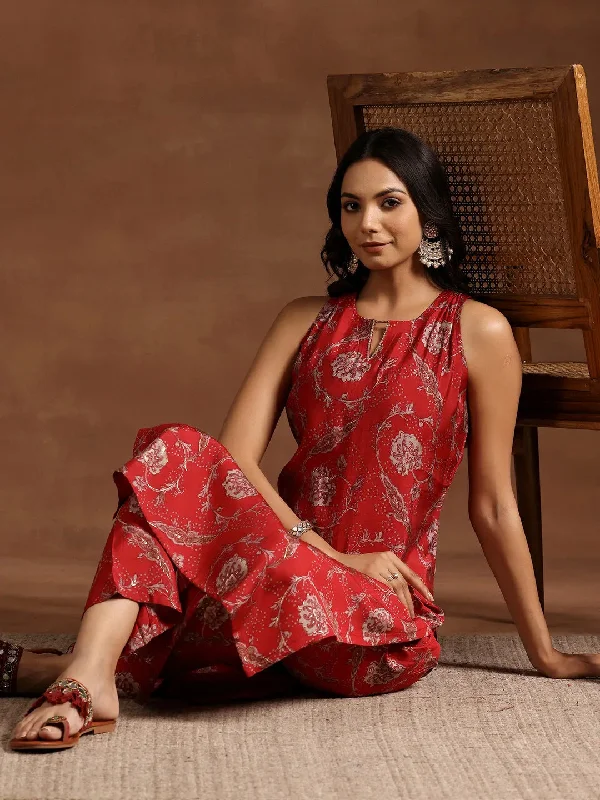 Fashion Comfort Red Printed Silk Blend Straight Kurta Set