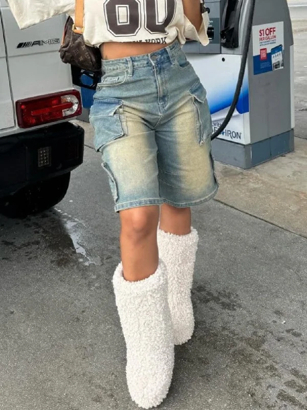 Classic Comfort Distressed Denim Multi Pocket Cargo Shorts