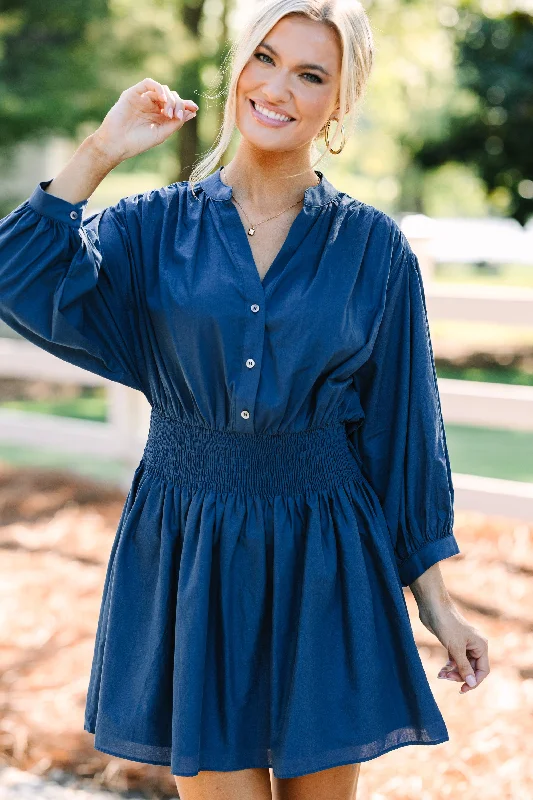 Layered Style Pinch: Work For You Navy Blue Smocked Waist Dress