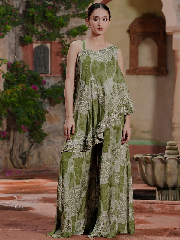 Cozy Fitting Green Printed Silk Blend Co-Ords