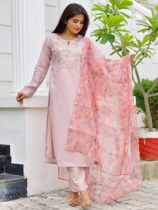 Relaxed Tops Peach Yoke Design Silk Blend Straight Suit With Dupatta