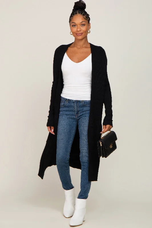 Simple Comfort Black Open Front Long Cardigan