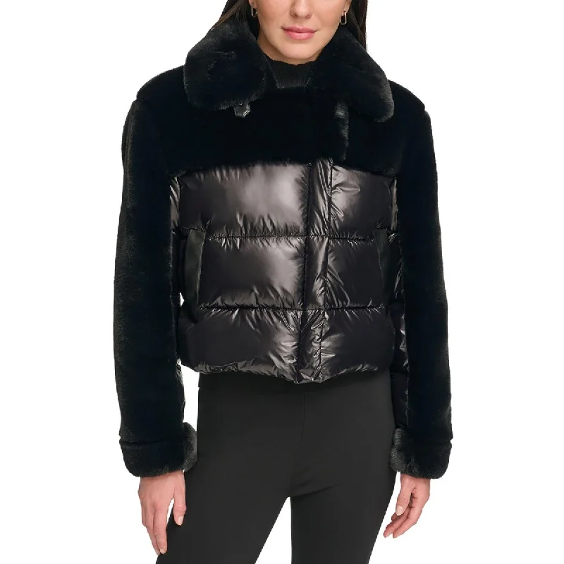 Relaxed Tops DKNY Womens Quilted Faux Fur Trim Puffer Jacket
