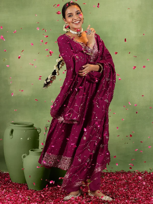 Elegant Fit Maroon Embroidered Silk Blend Anarkali Suit With Dupatta