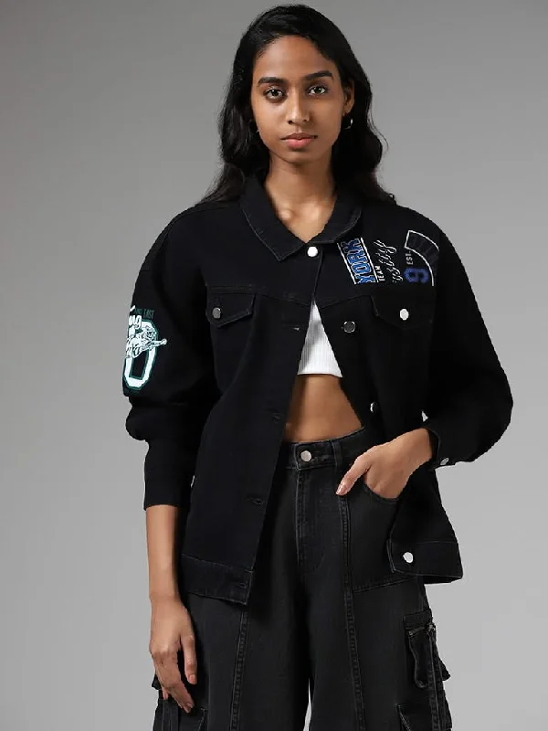Relaxed Fashion Nuon Black Printed Oversized Denim Jacket