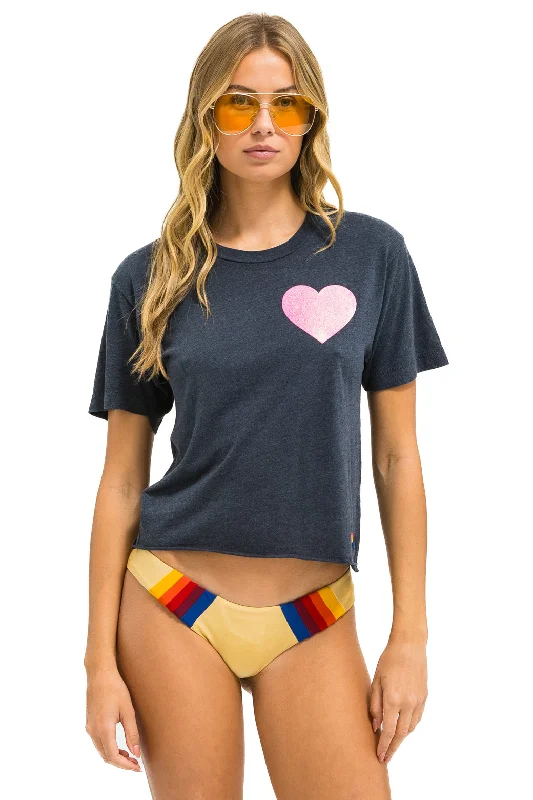 Comfy Chic Wear GLITTER HEART BOYFRIEND TEE - CHARCOAL // NEON PINK