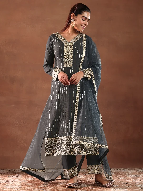Soft Comfort Grey Embroidered Silk Blend Straight Suit With Dupatta