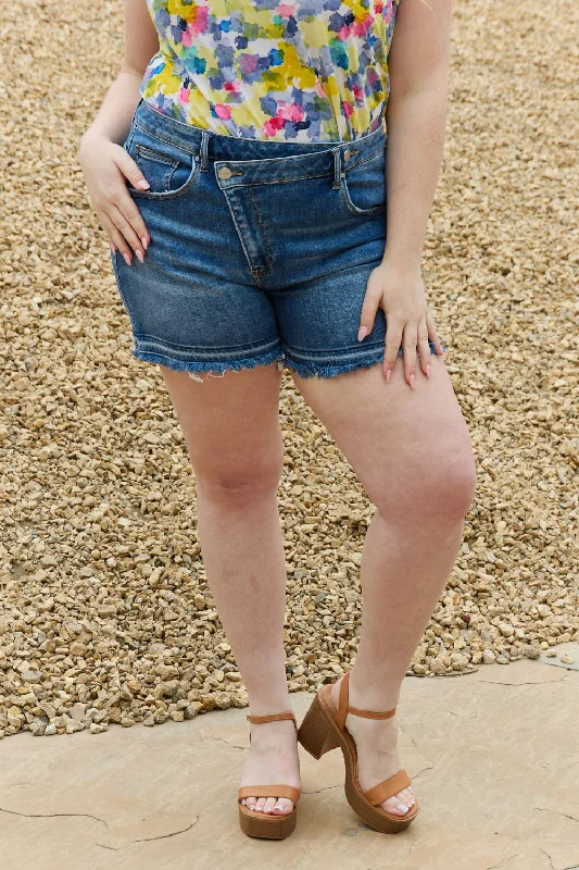 Warm Comfort RISEN Maya Full Size Mid Rise Asymmetrical Shorts