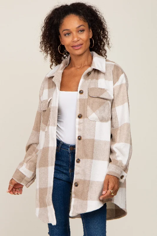 Versatile Casuals Beige Plaid Brushed Long Shacket