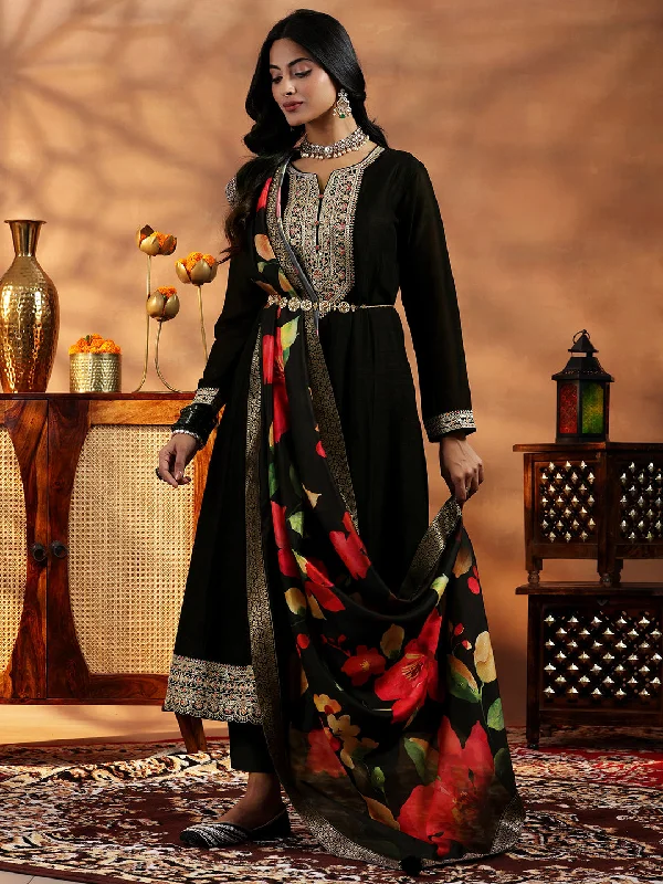 Trendy Looks Black Yoke Design Silk Blend A-Line Kurta With Trousers & Dupatta