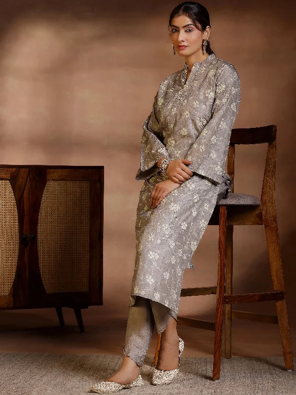 Warm Layers Grey Printed Silk Blend Straight Kurta Set