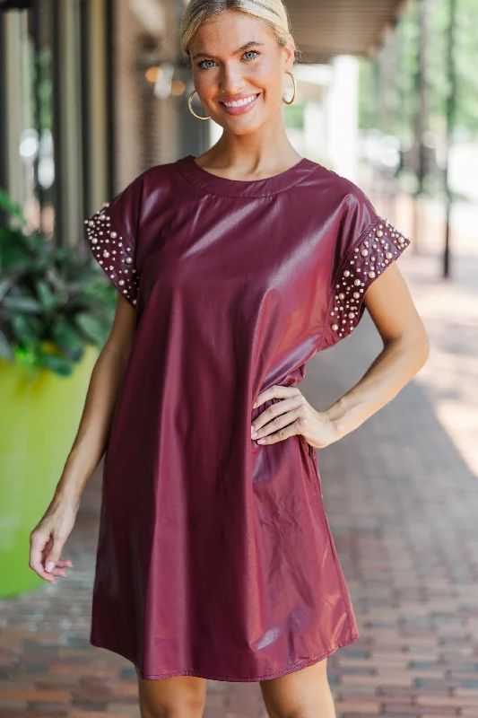 Weekend Comfort Wear Bold Self Merlot Red Faux Leather Dress