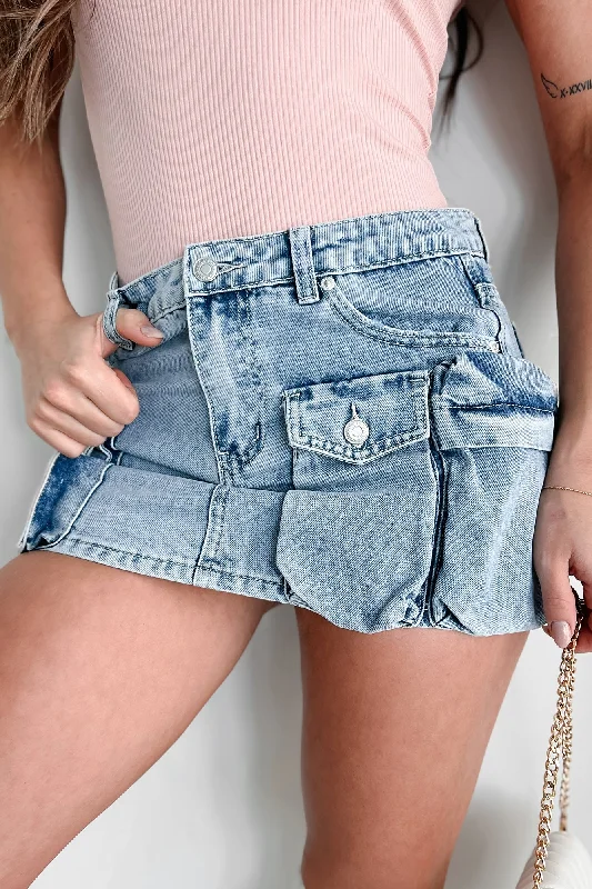 Luxe Comfort No Pep Talk Needed Denim Cargo Mini Skirt (Light Denim)