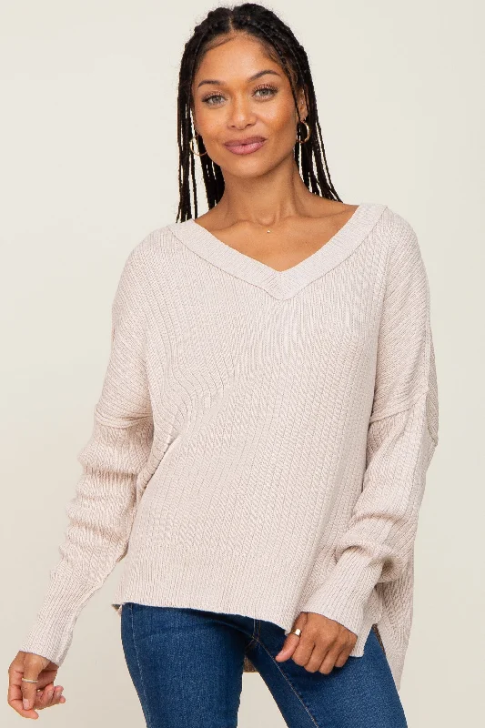 Soft Style Beige V-Neck Oversized Sweater