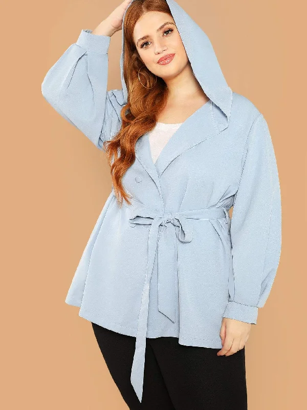 Versatile Wear Plus Double Button Front Belted Hoodie Coat