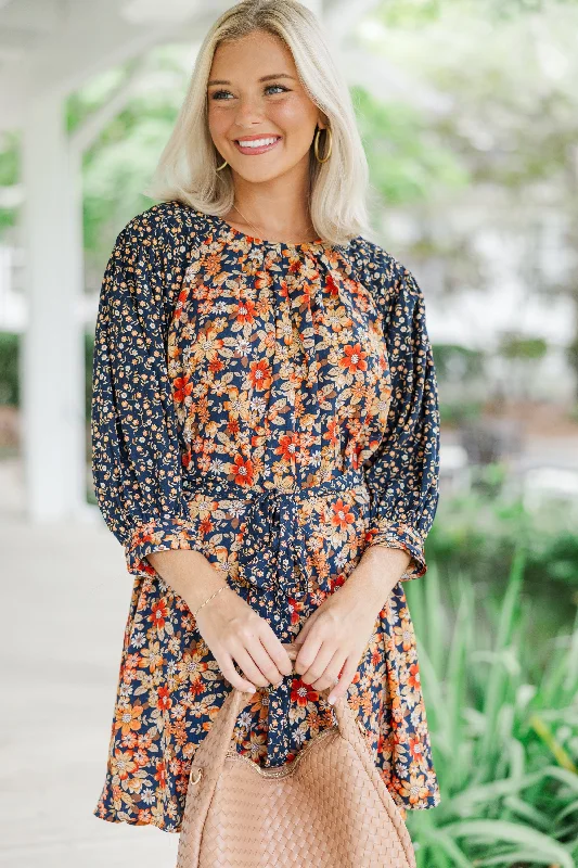 Relaxed Dresses Go For It Navy Blue Ditsy Floral Dress