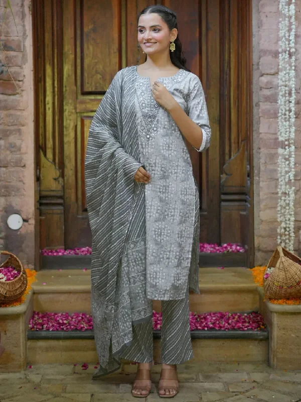 Cozy Chic Wear Grey Printed Cotton Straight Suit With Dupatta