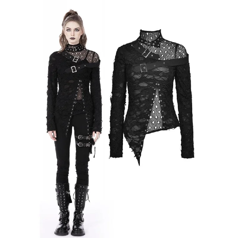 Relaxed Tops Women's Punk Irregular Ripped Mesh Splice Shirt