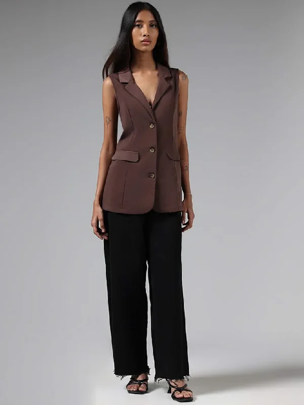 Relaxed Dresses Nuon Solid Brown Sleeveless Blazer