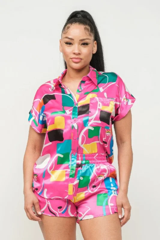 Cozy Vibes Satin Dolman Print Button Down Top And Shorts Set