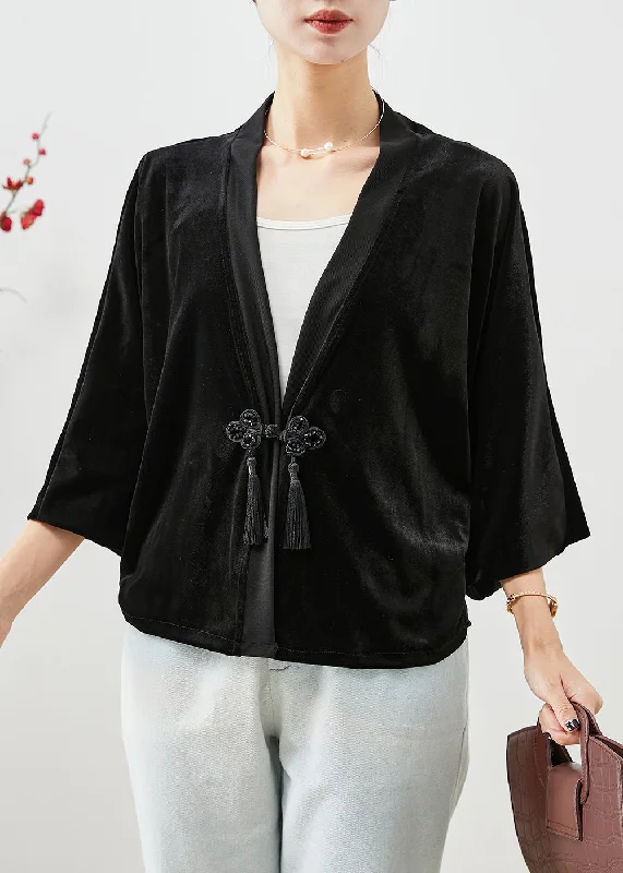 Comfy Pants Women Black Tasseled Chinese Button Silk Velour Coats Fall